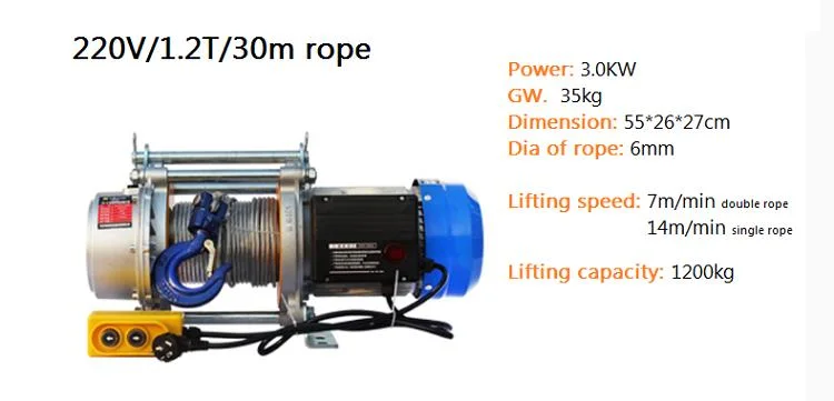 220V 380V Kcd Fast Speed Lifting Electric Hoist Wire Rope Winch with 30m, 60m, 90m